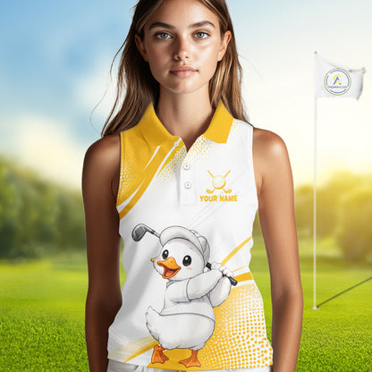 Funny Duck Swing Womens Sleeveless Golf Polo Shirt, Cute Duck Print Shirt, Sporty Animal Golf Gift NHT1220