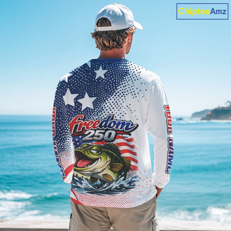 Funny Bass Fishing Shirts Long Sleeve Freedom 250 American Flag, Fishing Gift NHT408