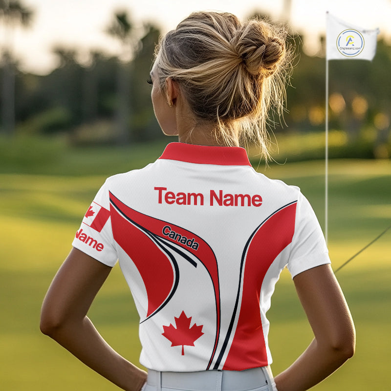 Personalized White And Red Canada Flag Womens Golf Polo Shirt, Patriotic Gifts For Golf Lover  NHT735