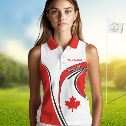 Personalized White And Red Canada Flag Sleeveless Womens  Golf Polo Shirt, Patriotic Gifts For Golf Lover  NHT735