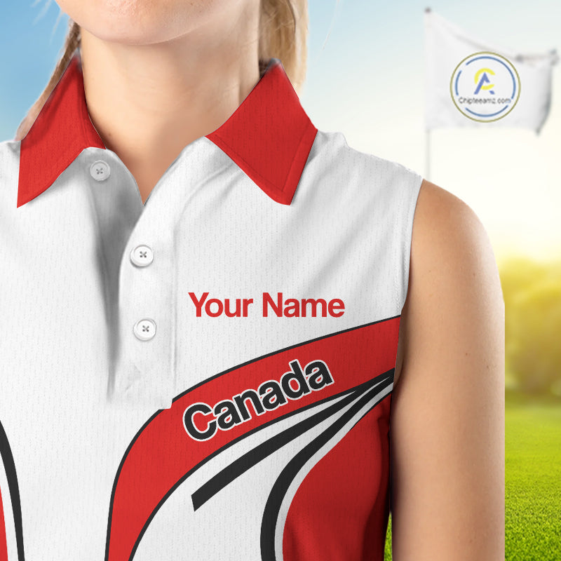 Personalized White And Red Canada Flag Sleeveless Womens  Golf Polo Shirt, Patriotic Gifts For Golf Lover  NHT735