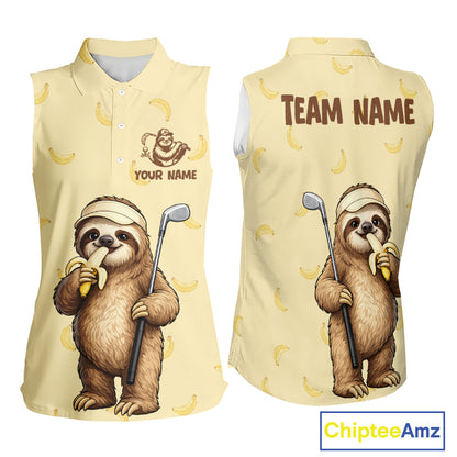 Funny Sloth Banana Womens Sleeveless Golf Polo Shirt Custom Golf Jerseys, Golf Apparel Gift For Golf Lovers NHT907