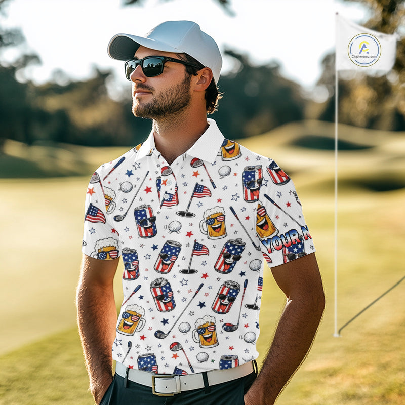 Custom Patriotic Mens Golf Polo Shirt With Beer Print – Personalized USA Golf Team Polo 