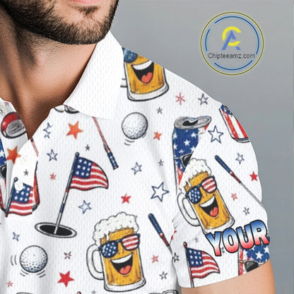Custom Patriotic Mens Golf Polo Shirt With Beer Print – Personalized USA Golf Team Polo 