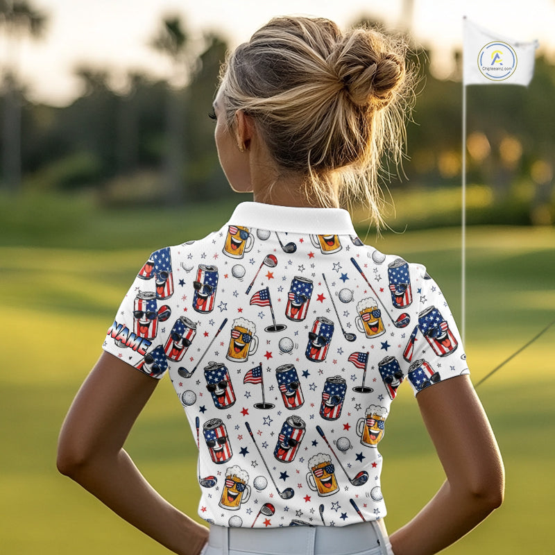 Custom Patriotic Womens Golf Polo Shirt With Beer Print – Personalized USA Golf Team Polo 
