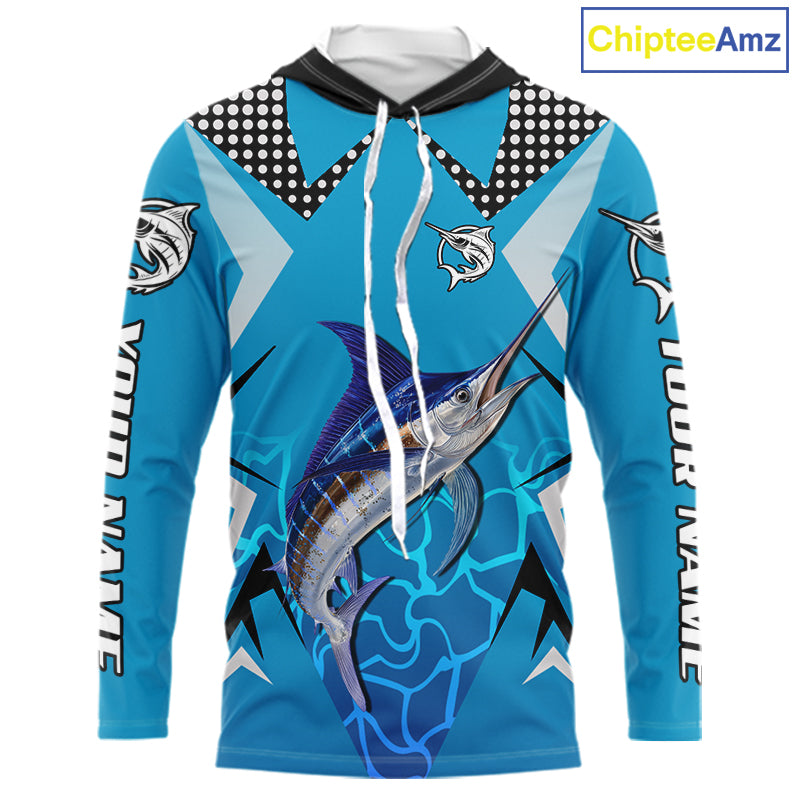 Marlin Fishing Blue Camo Custom Name Long Sleeve, Long Sleeve Fishing Shirt For Men NHT465