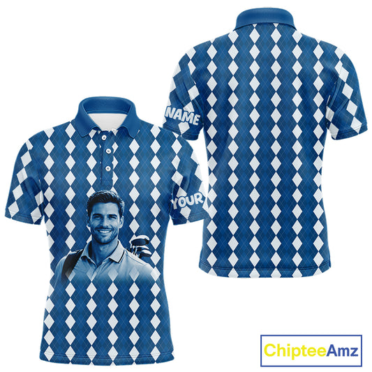 Mens Golf Polo Shirt Custom Photo Face Blue Argyle Plaid Pattern, Father's Day Golfing Gifts NHT742