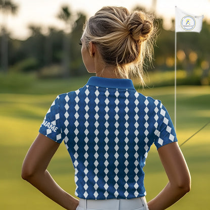 Womens Golf Polo Shirt Custom Photo Face Blue Argyle Plaid Pattern, Mother's Day Golfing Gifts NHT742