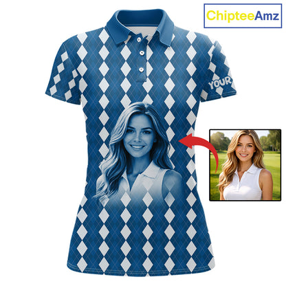 Womens Golf Polo Shirt Custom Photo Face Blue Argyle Plaid Pattern, Mother's Day Golfing Gifts NHT742