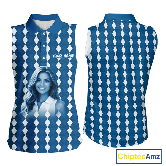 Sleeveless Womens Golf Polo Shirt Custom Photo Face Blue Argyle Plaid Pattern, Mother's Day Golfing Gifts NHT742