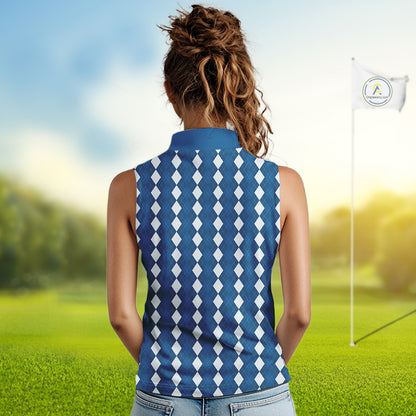 Sleeveless Womens Golf Polo Shirt Custom Photo Face Blue Argyle Plaid Pattern, Mother's Day Golfing Gifts NHT742
