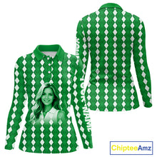 Load image into Gallery viewer, Womens Golf Polo Shirt Custom Photo Face Green Argyle Plaid Pattern, Mother's Day Golfing Gifts NHT743