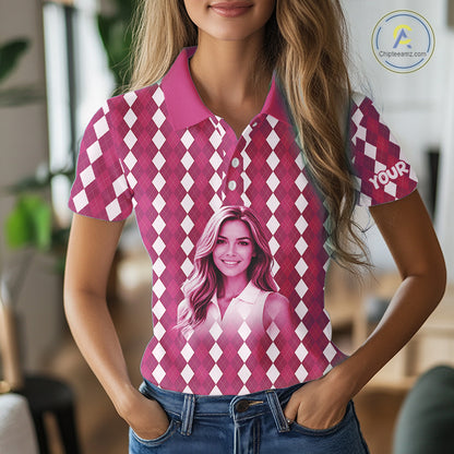 Womens Golf Polo Shirt Custom Photo Face Pink Argyle Plaid Pattern, Mother's Day Golfing Gifts NHT744