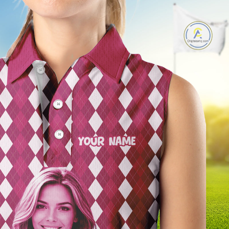 Sleeveless Womens Golf Polo Shirt Custom Photo Face Pink Argyle Plaid Pattern, Mother's Day Golfing Gifts NHT744
