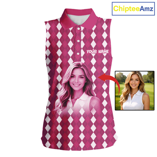 Sleeveless Womens Golf Polo Shirt Custom Photo Face Pink Argyle Plaid Pattern, Mother's Day Golfing Gifts NHT744