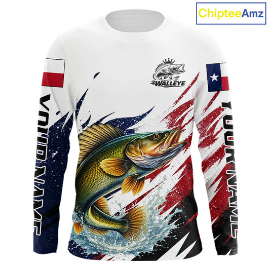 Custom Texas Flag Walleye Fishing Shirts, Texas Walleye Fishing Shirts Long Sleeve For Team NHT911