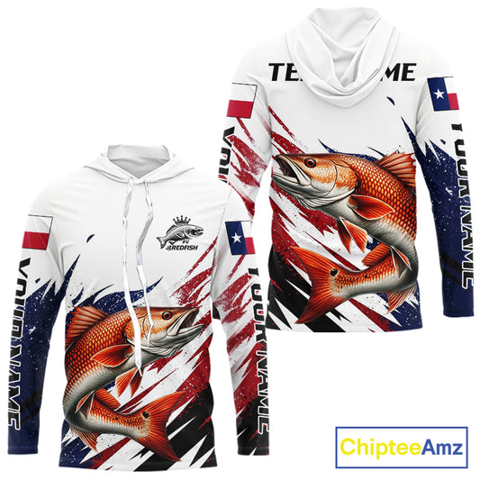 Custom Texas Flag Redfish Fishing Shirts, Texas Red Drum Fishing Shirts Long Sleeve Hooded For Team NHT913