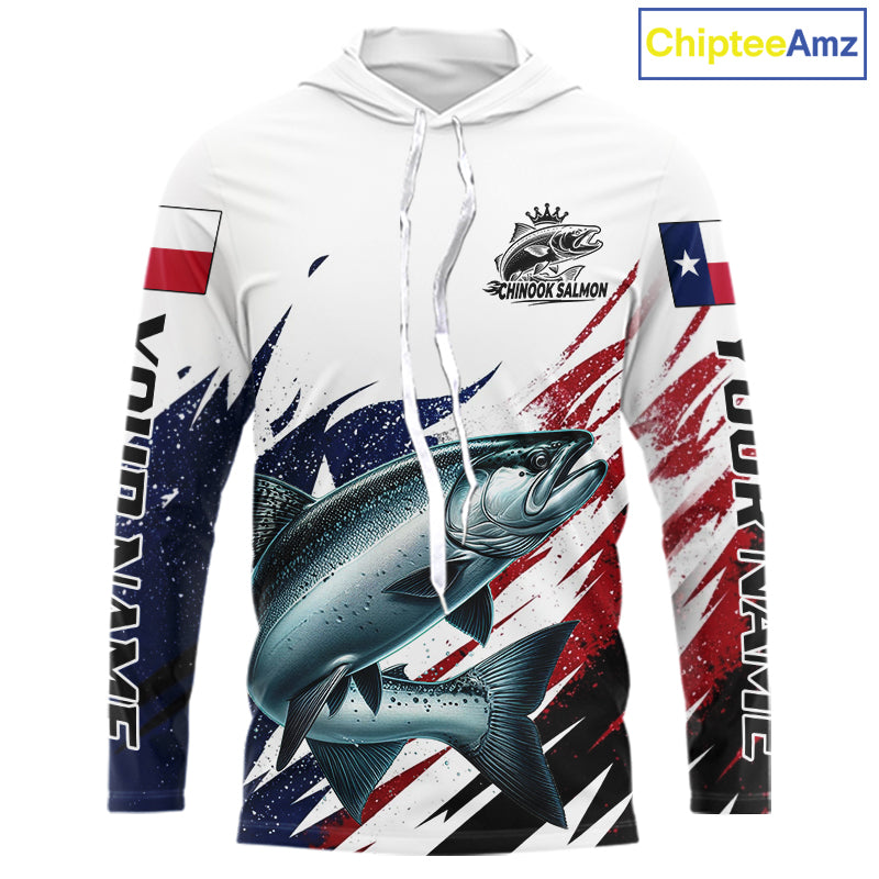 Custom Texas Flag Chinook Salmon Fishing Shirts, Texas Chinook Salmon Fishing Shirts Long Sleeve Hooded For Team NHT914