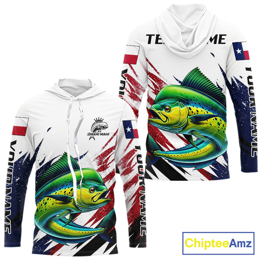 Custom Texas Flag Mahi Mahi Fishing Shirts, Texas Dolphin Fishing Shirts Long Sleeve Hooded For Team NHT915