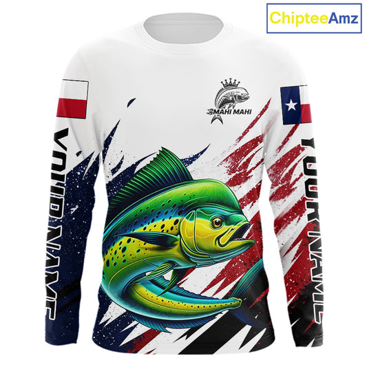 Custom Texas Flag Mahi Mahi Fishing Shirts, Texas Dolphin Fishing Shirts Long Sleeve For Team NHT915