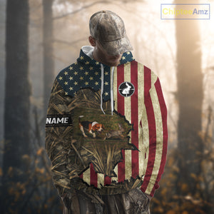 Beagle Dog Chasing Rabbit 3D American Flag Camo Custom Name Shirt, Rabbit Hunting Clothing NHT230