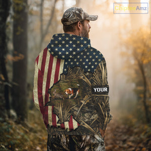 Beagle Dog Chasing Rabbit 3D American Flag Camo Custom Name Shirt, Rabbit Hunting Clothing NHT230