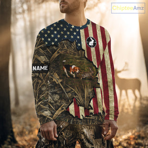 Beagle Dog Chasing Rabbit 3D American Flag Camo Custom Name Shirt, Rabbit Hunting Clothing NHT230
