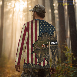 Beagle Dog Chasing Rabbit 3D American Flag Camo Custom Name Shirt, Rabbit Hunting Clothing NHT230