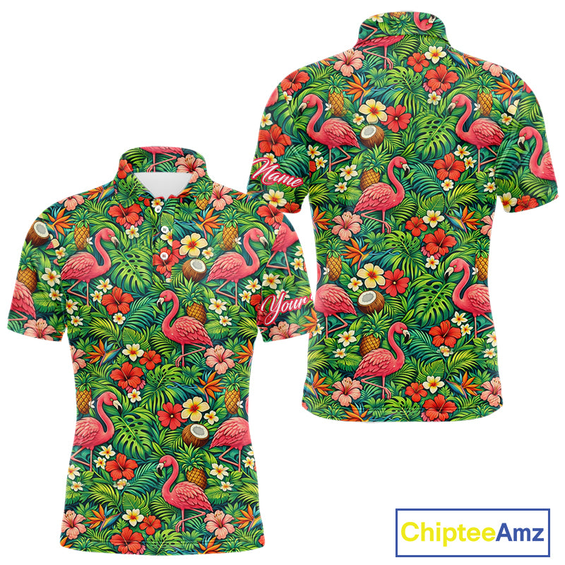 Men's Golf Polo Shirt Colorful Floral Flamingo Pattern Tropical Leaves Custom Name NHT538
