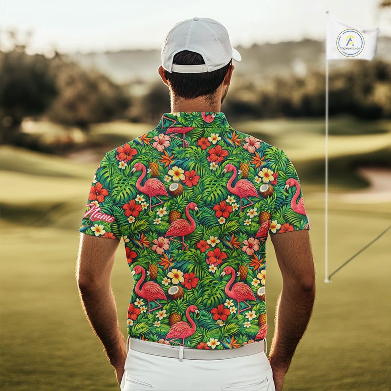 Men's Golf Polo Shirt Colorful Floral Flamingo Pattern Tropical Leaves Custom Name NHT538