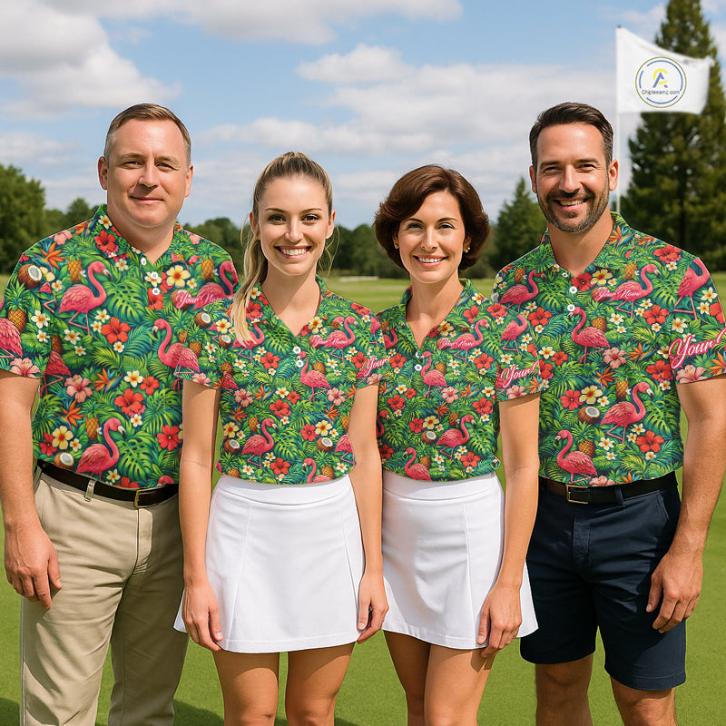 Men's Golf Polo Shirt Colorful Floral Flamingo Pattern Tropical Leaves Custom Name NHT538