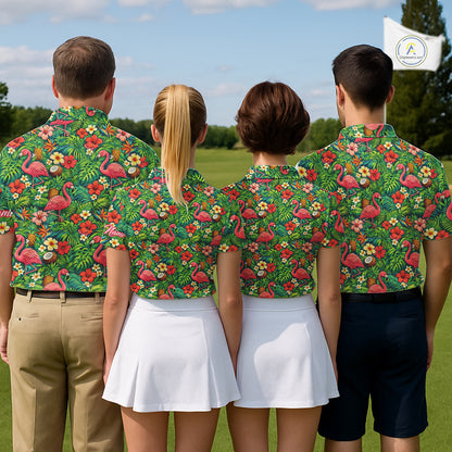 Men's Golf Polo Shirt Colorful Floral Flamingo Pattern Tropical Leaves Custom Name NHT538
