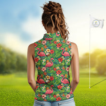 Load image into Gallery viewer, Womens Sleeveless Golf Polo Shirt Colorful Floral Flamingo Pattern Tropical Leaves Custom Name NHT538