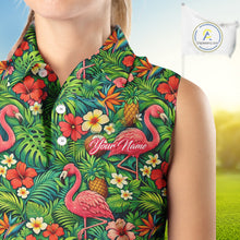 Load image into Gallery viewer, Womens Sleeveless Golf Polo Shirt Colorful Floral Flamingo Pattern Tropical Leaves Custom Name NHT538
