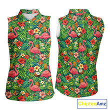 Load image into Gallery viewer, Womens Sleeveless Golf Polo Shirt Colorful Floral Flamingo Pattern Tropical Leaves Custom Name NHT538