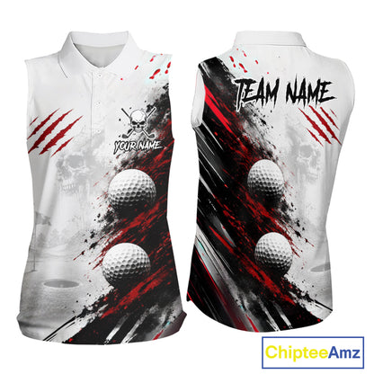 Personalized Skull Womens Sleeveless Golf Shirt Custom Name Family Team Outfits Cool Scratch Splatter Black Golf Polo NHT1239