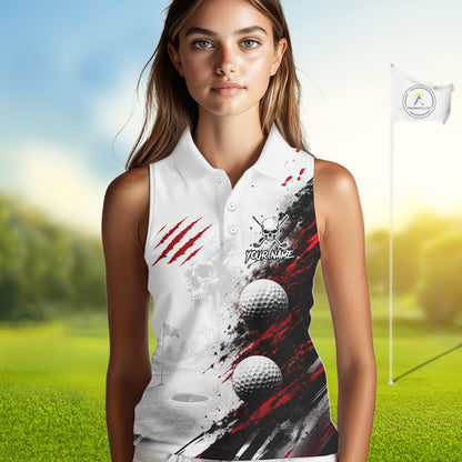 Personalized Skull Womens Sleeveless Golf Shirt Custom Name Family Team Outfits Cool Scratch Splatter Black Golf Polo NHT1239