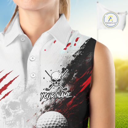 Personalized Skull Womens Sleeveless Golf Shirt Custom Name Family Team Outfits Cool Scratch Splatter Black Golf Polo NHT1239