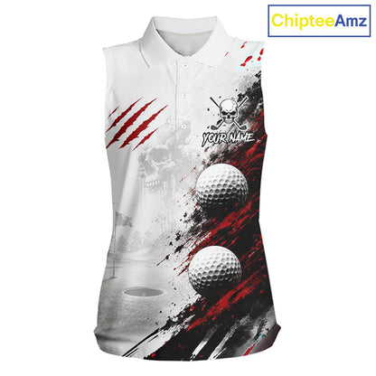 Personalized Skull Womens Sleeveless Golf Shirt Custom Name Family Team Outfits Cool Scratch Splatter Black Golf Polo NHT1239