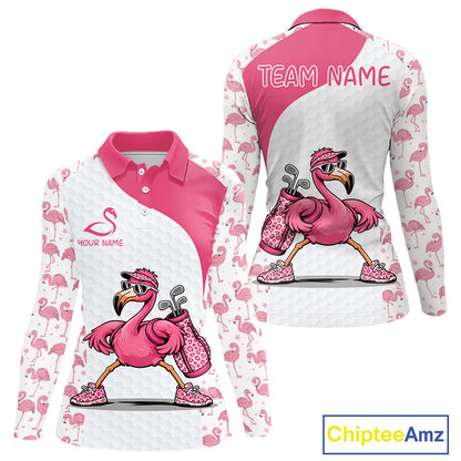 Funny Pink Flamingo Womens Golf Polo Shirt Custom Pink And White Golf Shirt For Team NHT545