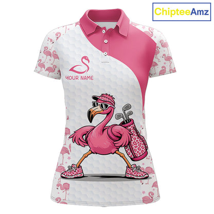 Funny Pink Flamingo Womens Golf Polo Shirt Custom Pink And White Golf Shirt For Team NHT545