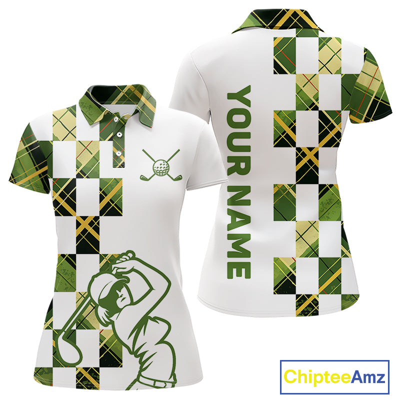 Personalized Green Tartan Plaid Womens Golf Polo Shirt, Custom Name Golf Shirt For Team  NHT553