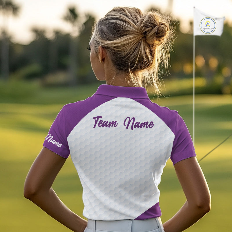 Custom Purple Geometric Womens Golf Polo Shirt, Personalized Team Name Golf Polo Shirt NHT554