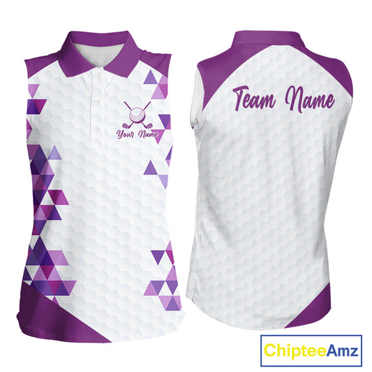 Custom Purple Geometric Womens Sleeveless Golf Polo Shirt, Personalized Team Name Golf Polo Shirt NHT554