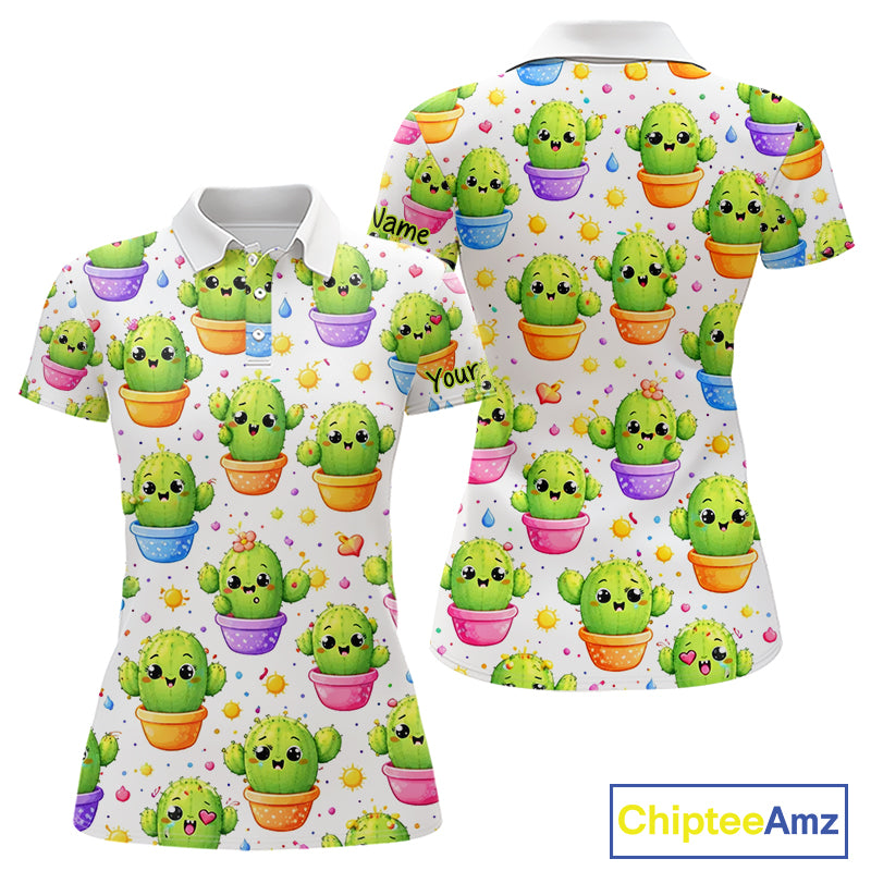 Funny Cactus Flower Pattern Womens Golf Polo Shirt, Cute Cartoon Plant Shirt Personalized, Colorful Succulent Shirt NHT556