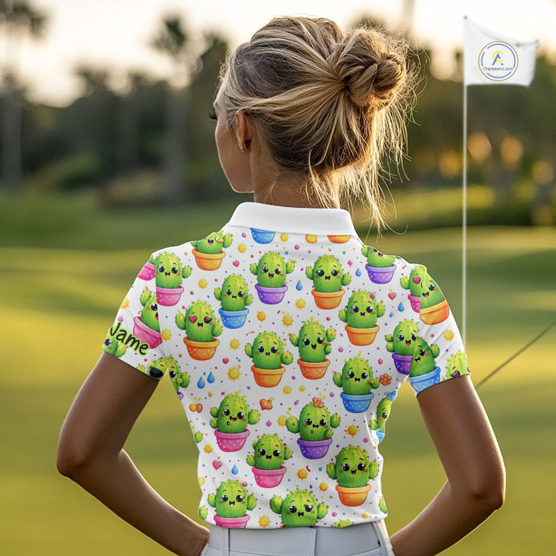 Funny Cactus Flower Pattern Womens Golf Polo Shirt, Cute Cartoon Plant Shirt Personalized, Colorful Succulent Shirt NHT556
