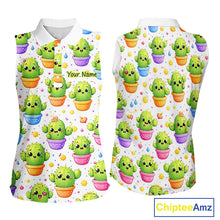 Load image into Gallery viewer, Funny Cactus Flower Pattern Womens Sleeveless Golf Polo Shirt, Cute Cartoon Plant Shirt Personalized, Colorful Succulent Shirt NHT556
