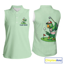 Load image into Gallery viewer, Personalized Womens Sleeveless Golf Polo Shirt Custom Name Funny Green Parrot Design|Green