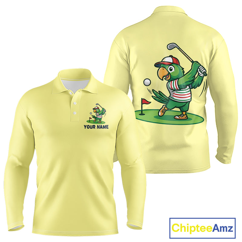 Personalized Mens Golf Polo Shirt Custom Name Funny Green Parrot Design|Yellow 