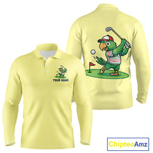 Load image into Gallery viewer, Personalized Mens Golf Polo Shirt Custom Name Funny Green Parrot Design|Yellow 